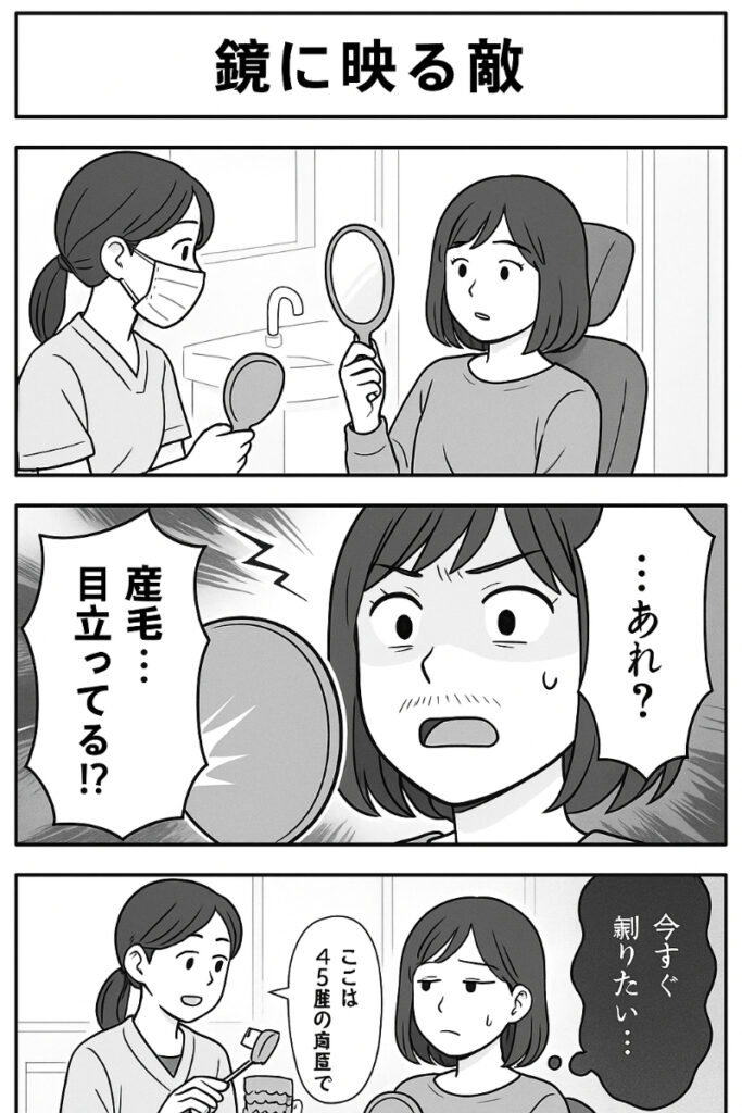 ムダ毛あるある、歯医者のライトの下で口周りの産毛が目立つ
